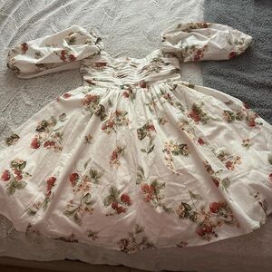 Abercrombie & Fitch White Strawberry Floral Puff-Sleeve Mini Dress
